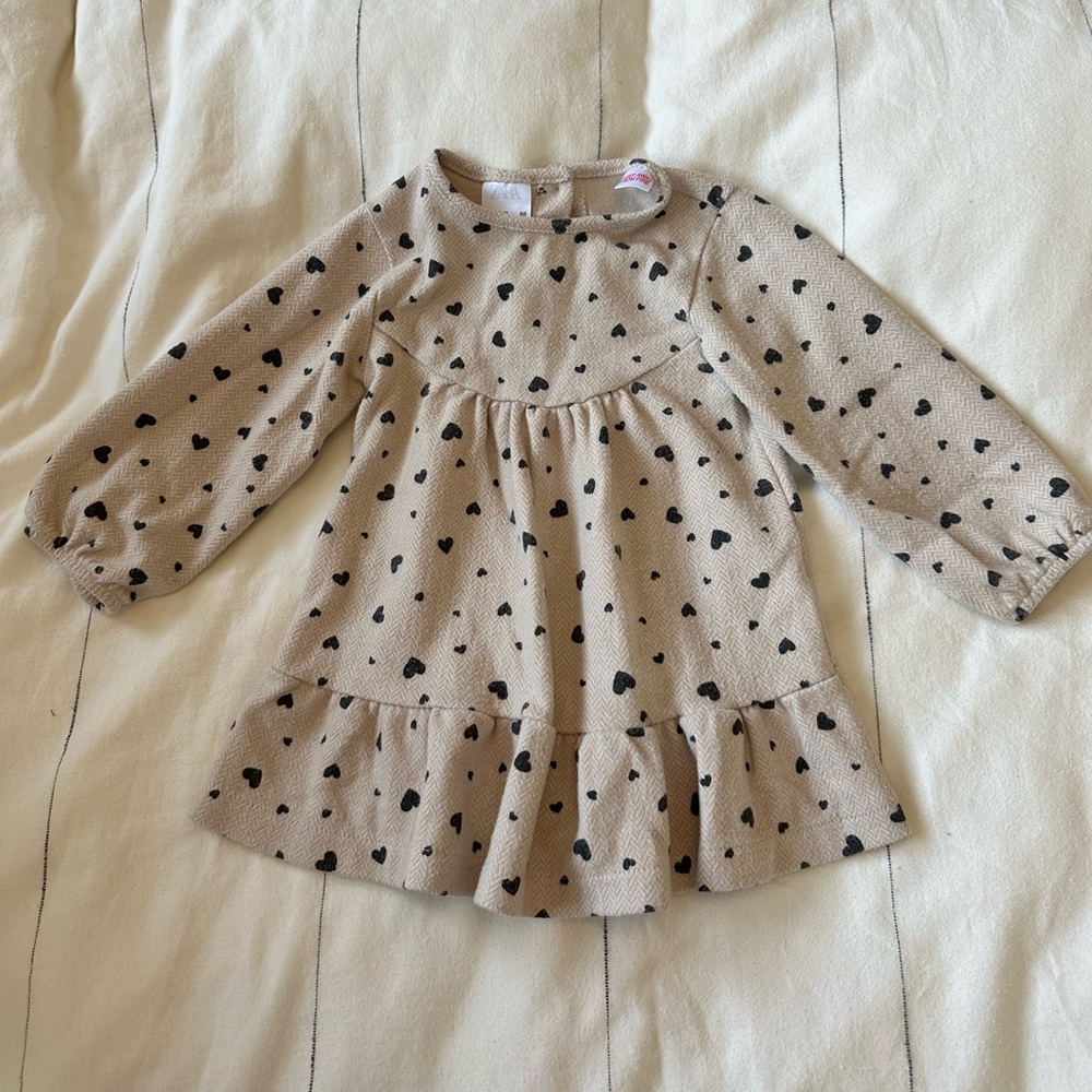 Zara dress - ecru with black hearts - size 12-18 months